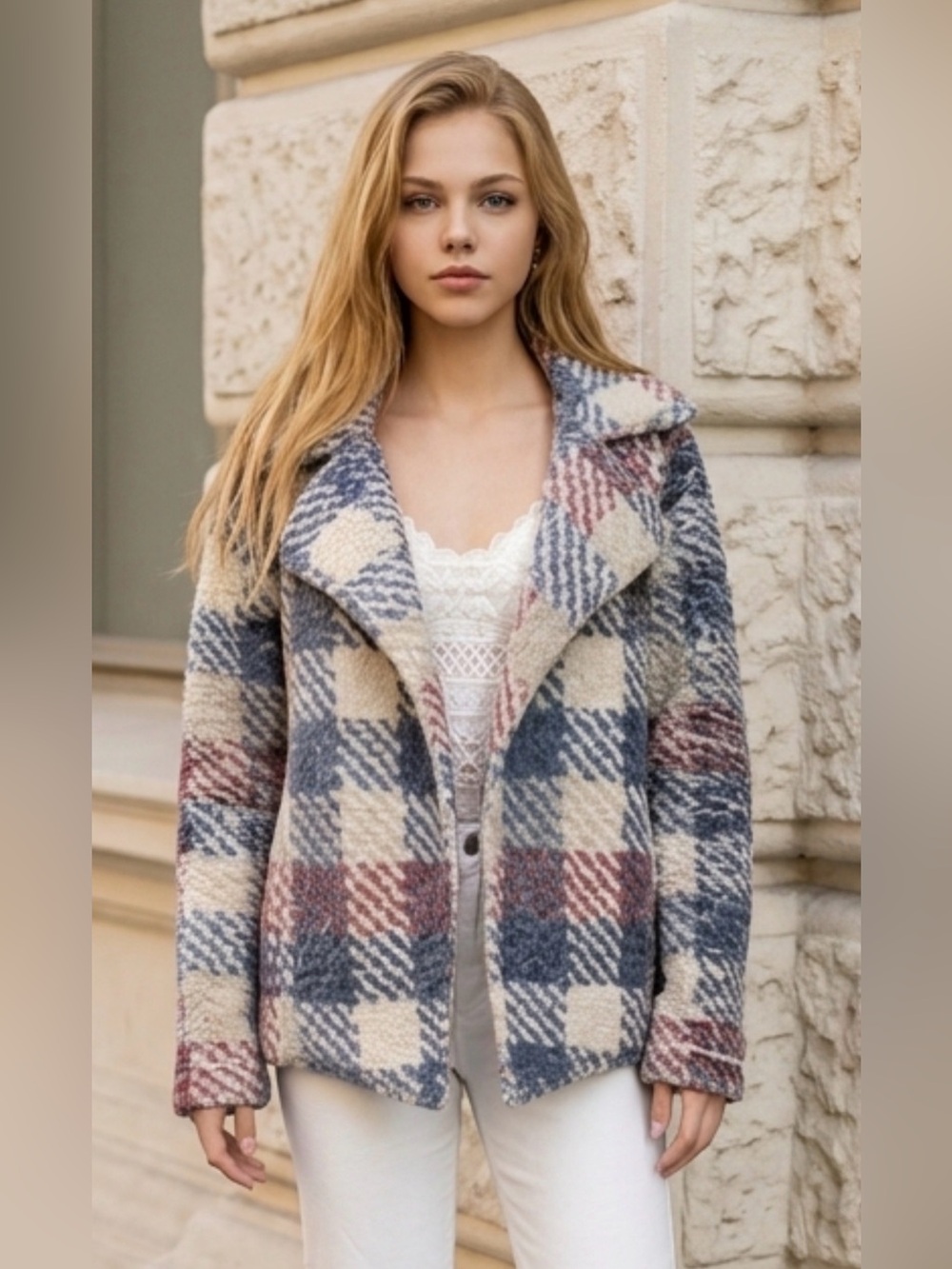 Vince Camuto Plaid Teddy Jacket in Cream, Blue & Rose R2